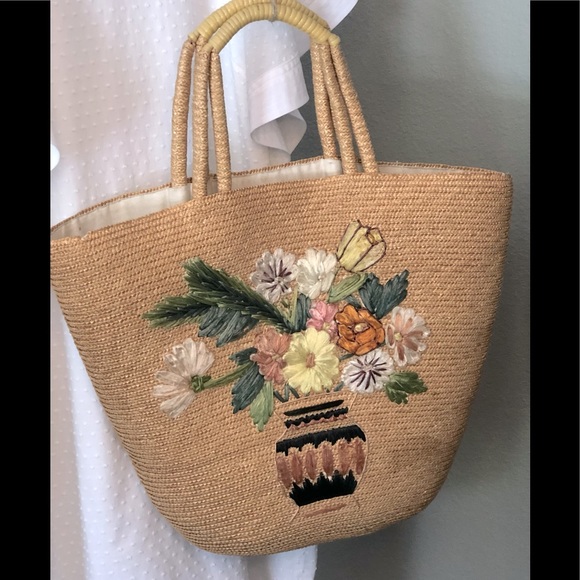 Vintage Straw Hand Made  Floral  Handle Bag - Picture 1 of 5